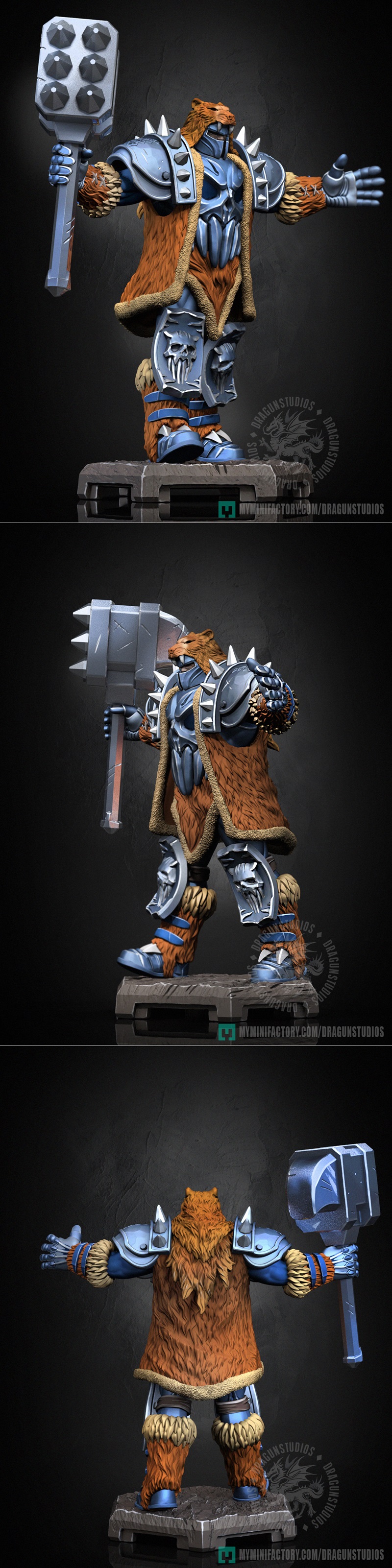 Two 3D models of the Hammer Balbars, a fantasy beastman warrior. The left model is a grey sculpt holding a large spik...