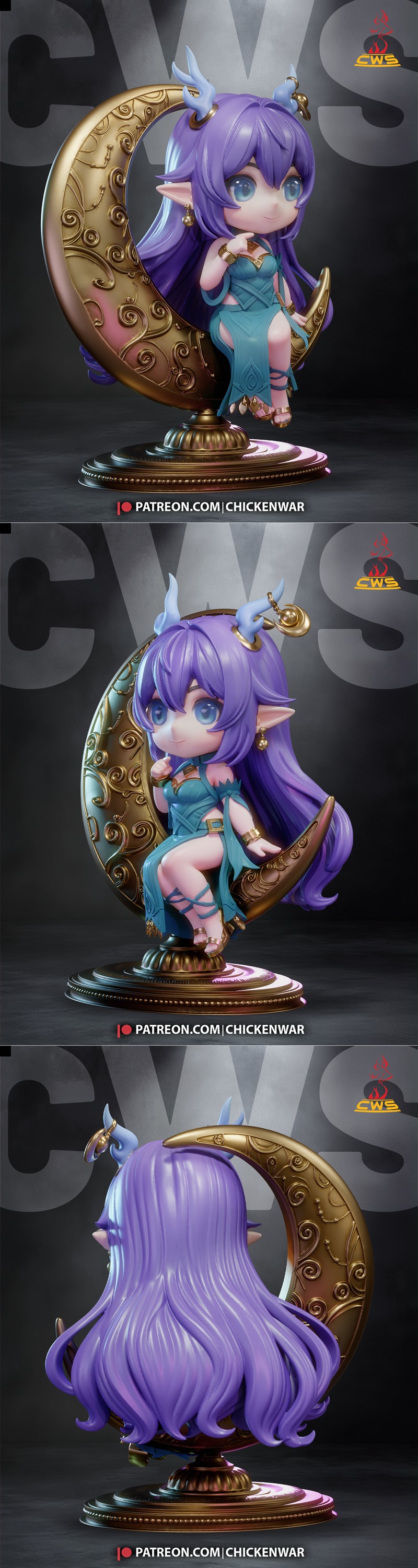 Chibi Lauma figure by CW Studio sitting on a golden crescent moon, wearing a teal dress and adorned with purple hair...