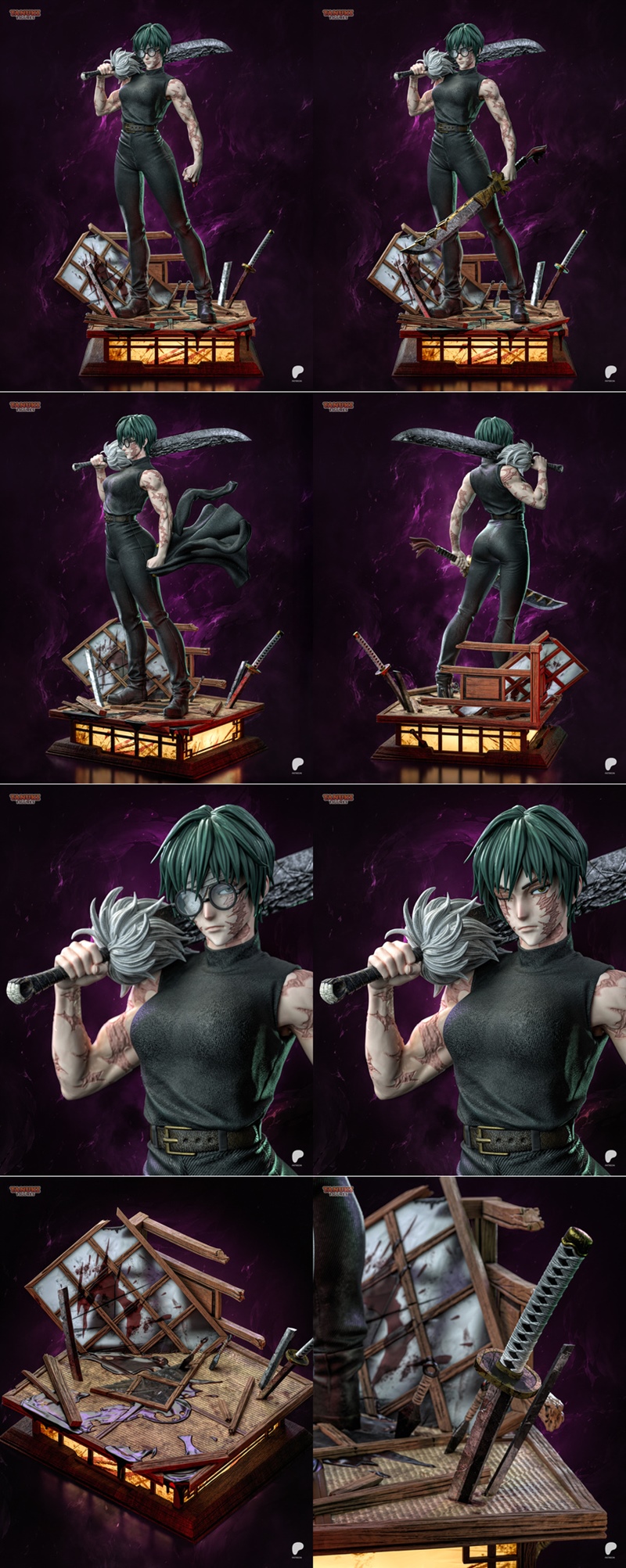 Maki Zenin 3D model from Jujutsu Kaisen by Tanuki Figures, holding a large sword, wearing glasses and dark clothing,...