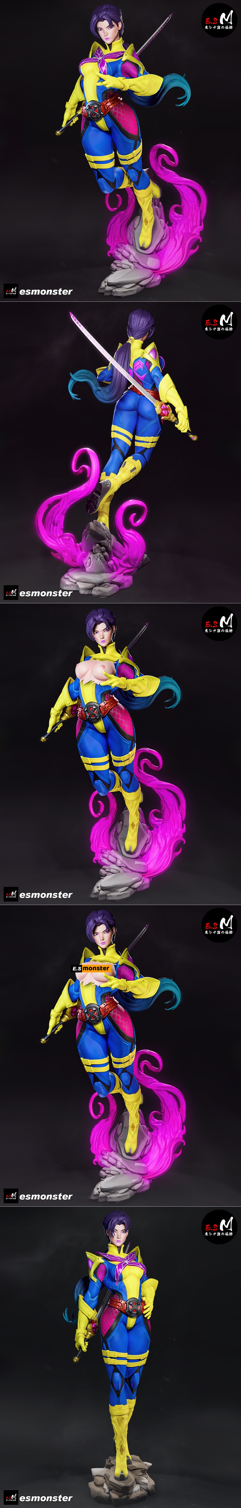 Psylocke 3D model figure in a dynamic pose, wearing a yellow, blue, and pink suit with a red belt, holding a katana,...