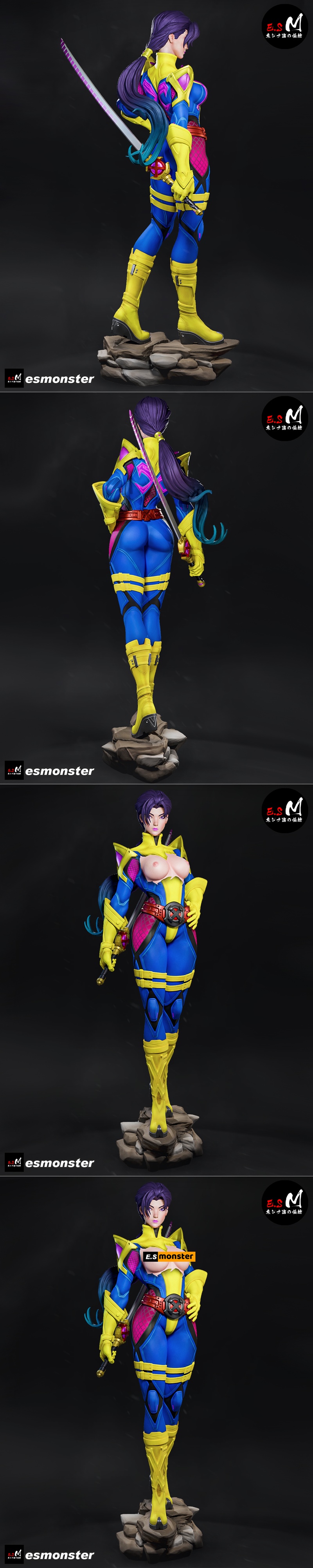 Psylocke 3D model figure in a dynamic pose, wearing a yellow, blue, and pink suit with a red belt, holding a katana,...