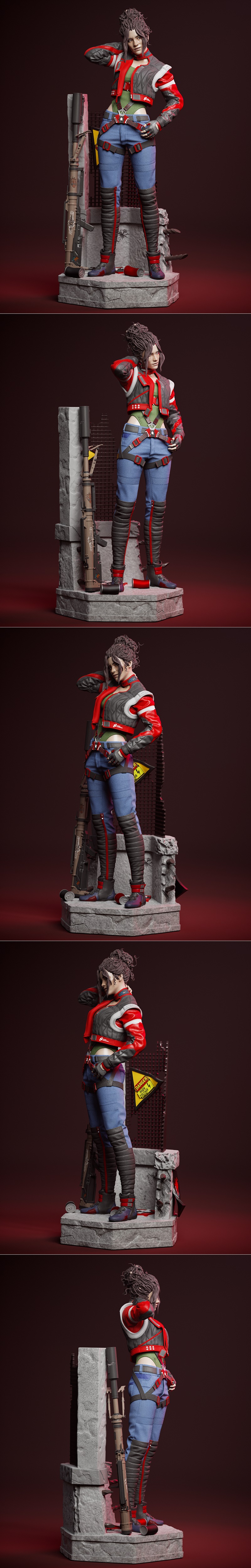 1:6 scale 3D model of Panam Palmer from Cyberpunk 2077 by Yongblood Sculpture. She wears a red and grey jacket, blue...