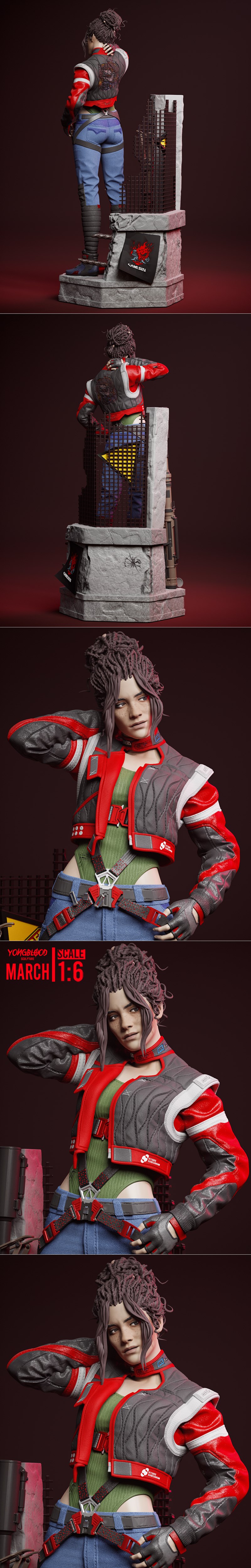 1:6 scale 3D model of Panam Palmer from Cyberpunk 2077 by Yongblood Sculpture. She wears a red and grey jacket, blue...