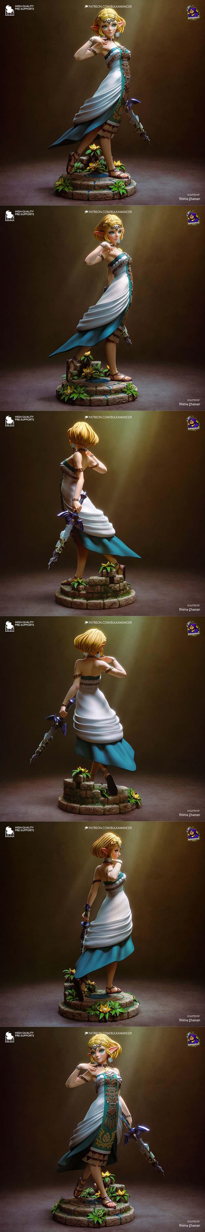 Zelda from Tears of the Kingdom figure, holding the Master Sword, wearing a white and teal dress, with blonde hair an...