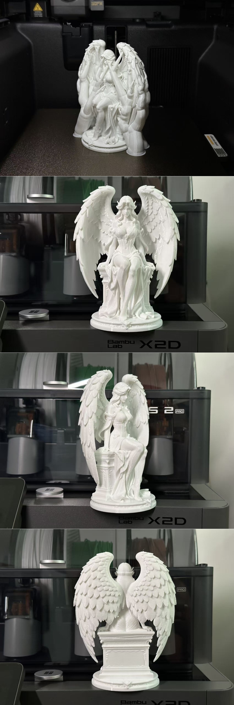 Seated Guardian Angel figure with large feathered wings, wearing an ornate corset and flowing robes, resting on a scu...