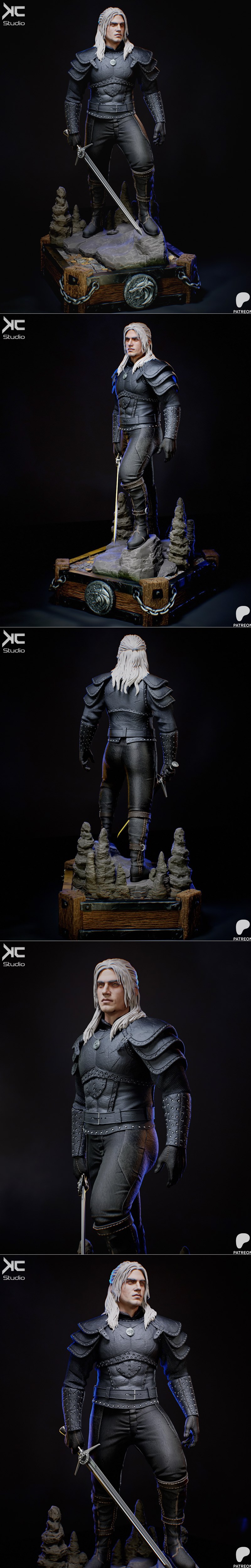 3D model of Geralt of Rivia from The Witcher Netflix series, wearing dark studded leather armor and holding a sword,...
