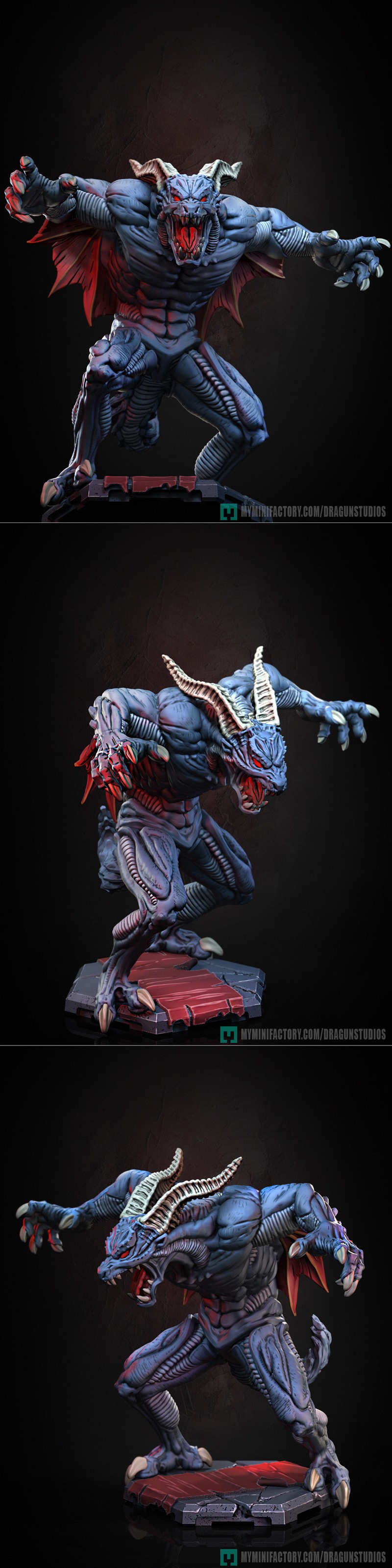 Blue-skinned demon figure with large horns, red eyes, and tattered wings, in a crouched pose on a rocky base with red...