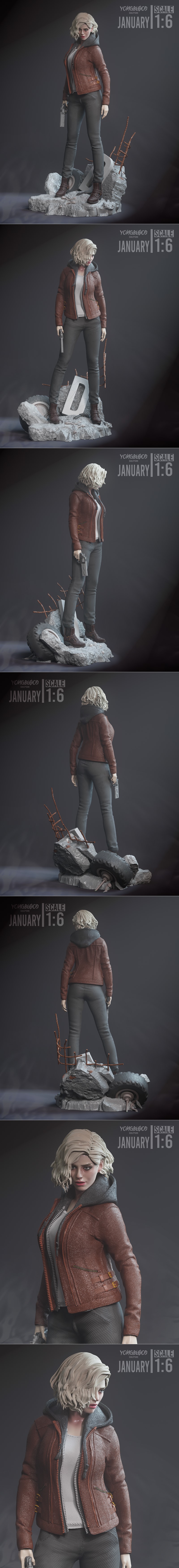 1:6 scale 3D print figure of Grace Ashcroft by Yongblood Sculpture, standing on a rocky base with a pistol. She wears...
