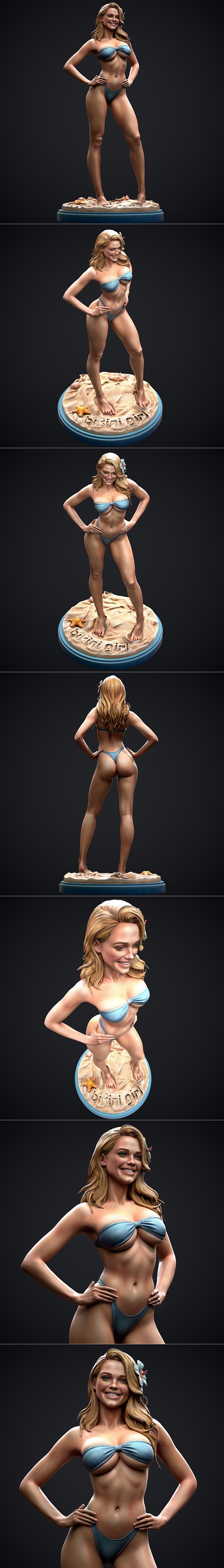Realistic 3D model of a woman in a blue bikini, standing with hands on hips on a sandy base. She has blonde hair with...