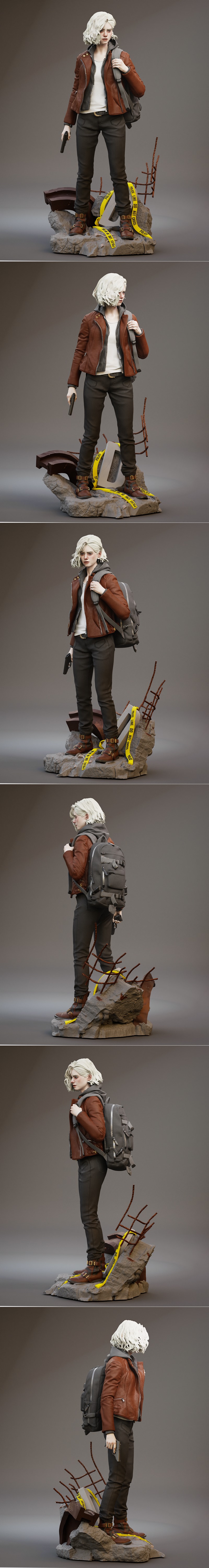 Grace Ashcroft 3D model figure, holding a handgun and wearing a leather jacket, hoodie, and backpack. Diorama base fe...