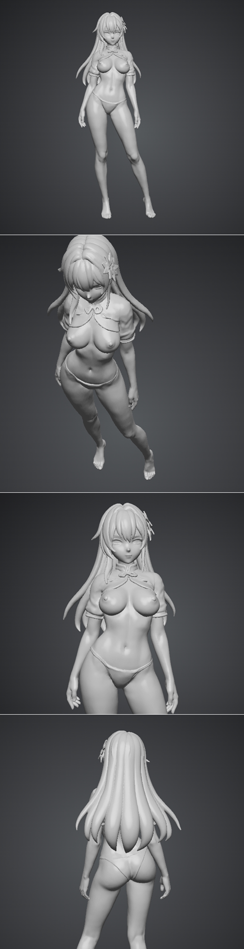 Full body 3D model of a female character with white hair, wearing a dark blue qipao-inspired top and bikini bottoms....