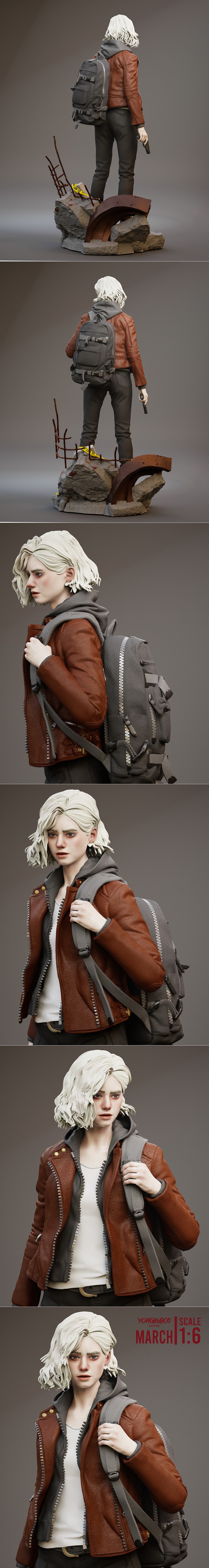 Grace Ashcroft 3D model figure, holding a handgun and wearing a leather jacket, hoodie, and backpack. Diorama base fe...