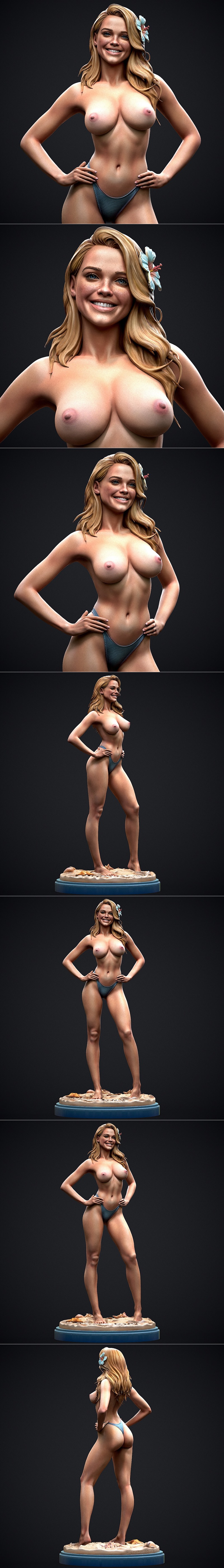Realistic 3D model of a woman in a blue bikini, standing with hands on hips on a sandy base. She has blonde hair with...