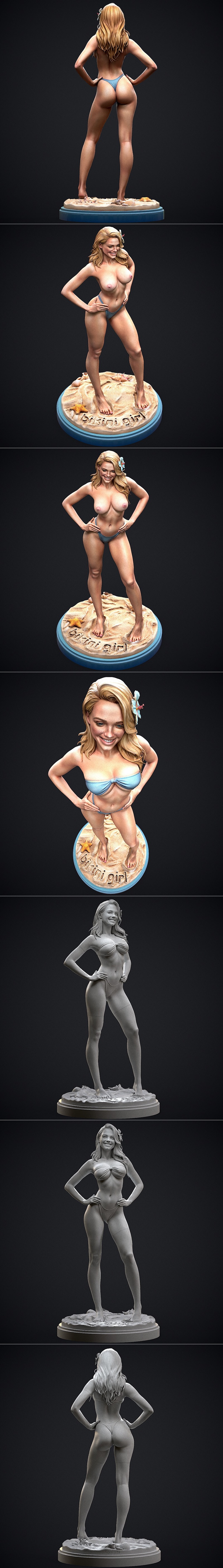 Realistic 3D model of a woman in a blue bikini, standing with hands on hips on a sandy base. She has blonde hair with...