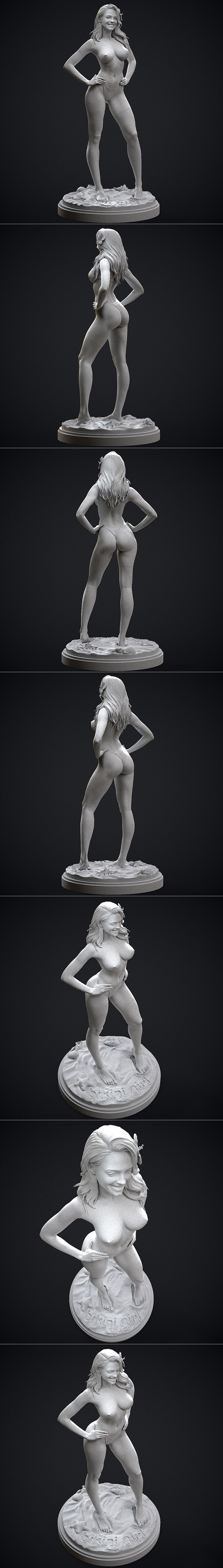 Realistic 3D model of a woman in a blue bikini, standing with hands on hips on a sandy base. She has blonde hair with...