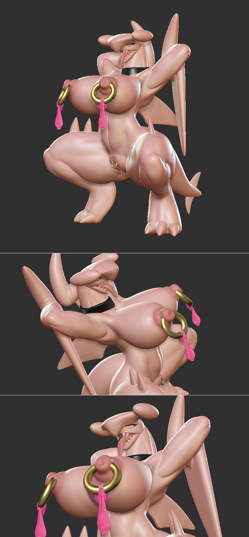 3D model of Gaburias, a pinkish-skinned demonic creature with horns and wings, in a crouched pose. Censored breasts a...