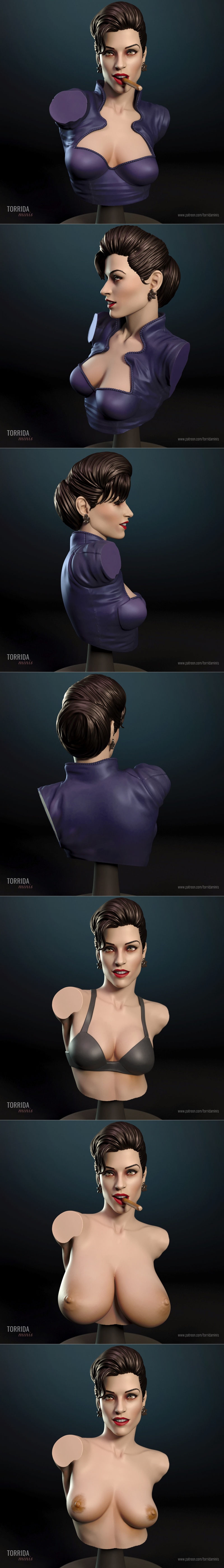 Bust of Xenia Onatopp from Goldeneye, wearing a purple outfit, with dark hair styled up and red lipstick. Torrida Min...
