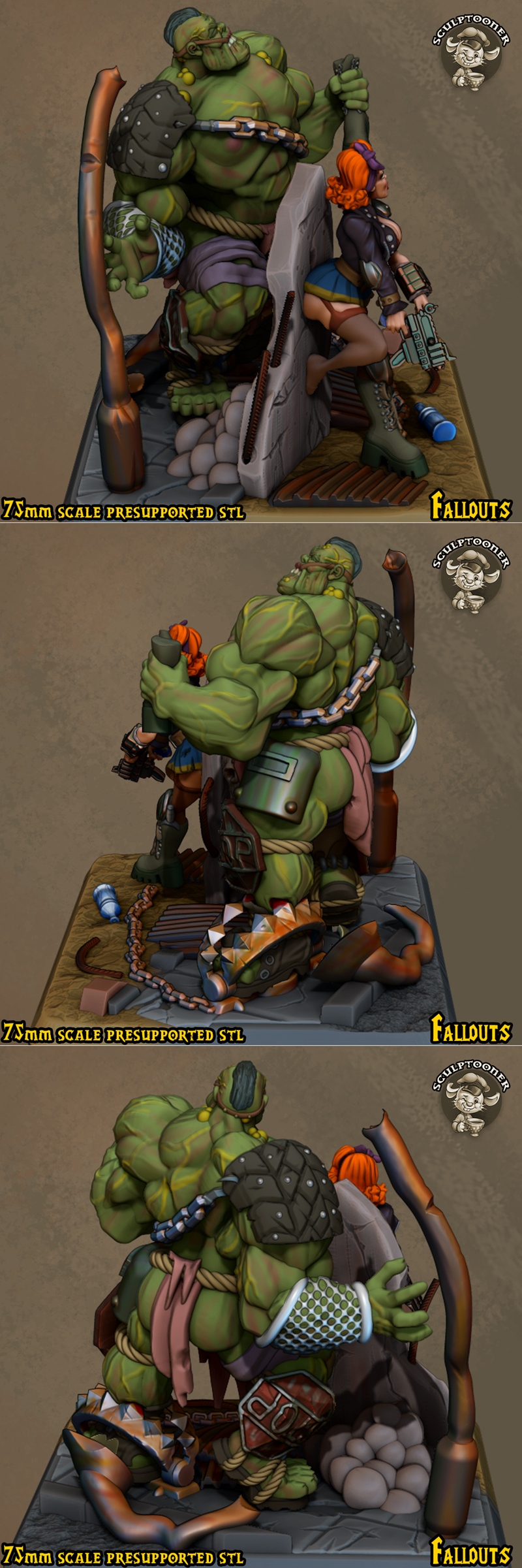 75mm scale 3D printable figure of a muscular green orc and a pin-up woman in a post-apocalyptic setting, holding weap...