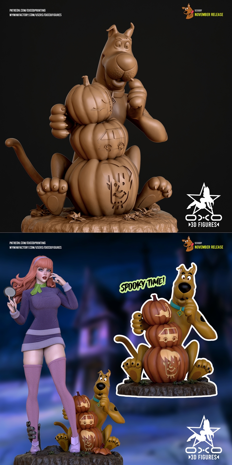 Scooby Doo figure sitting next to a stack of three carved pumpkins, with the Mystery Machine and character faces etch...