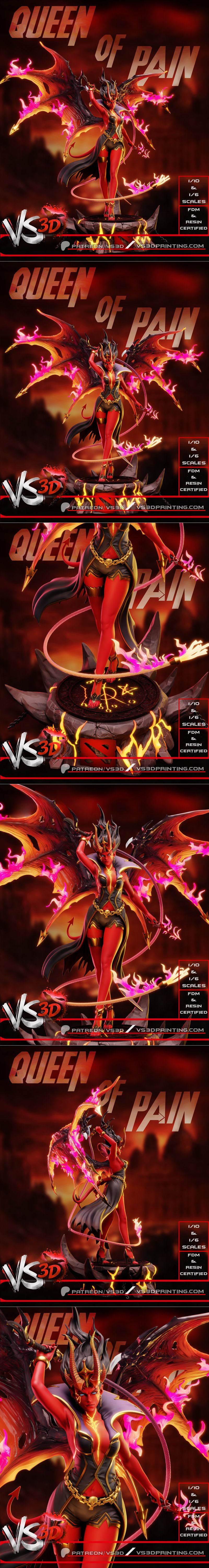 VS3D Queen of Pain figure with red skin, large black and red wings, and golden horns, wearing a dark and gold outfit,...