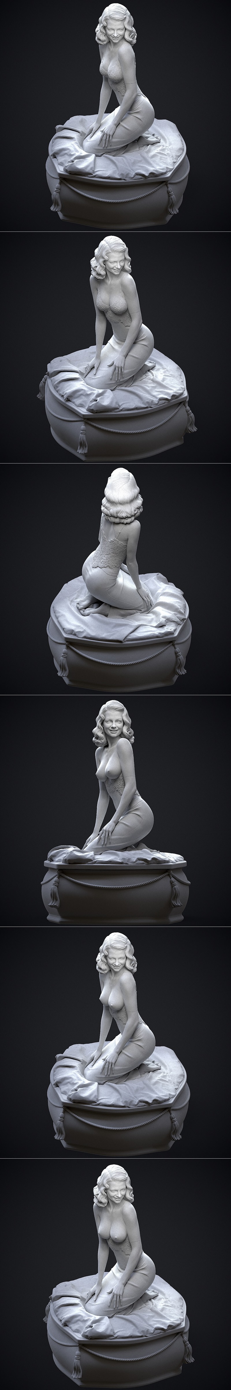 3D model of Rita Hayworth kneeling on draped fabric atop a decorative basin, wearing a lace-trimmed dress.