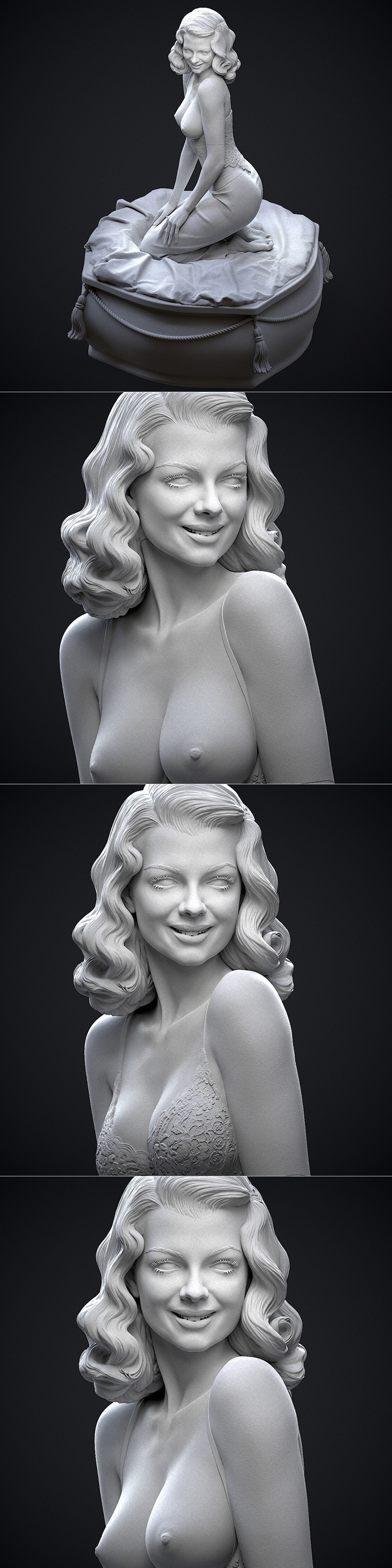 3D model of Rita Hayworth kneeling on draped fabric atop a decorative basin, wearing a lace-trimmed dress.