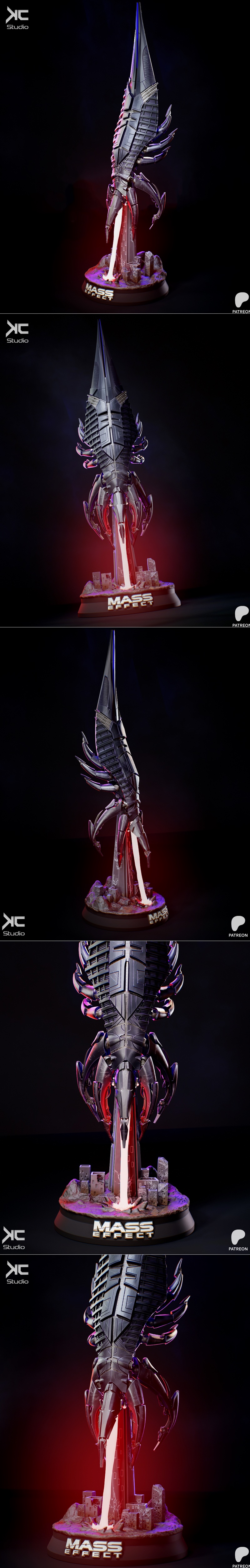 KcStudio 3D model of the Sovereign Reaper ship from Mass Effect, standing on a diorama base with ruined buildings, da...