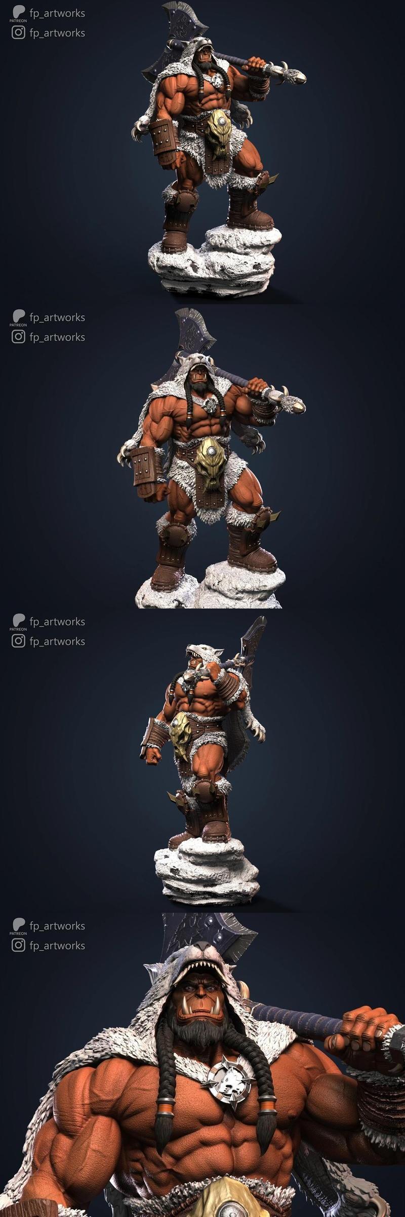 Durotan, a muscular orc from Warcraft, stands heroically on a snowy base holding a large axe. He wears fur armor, a w...