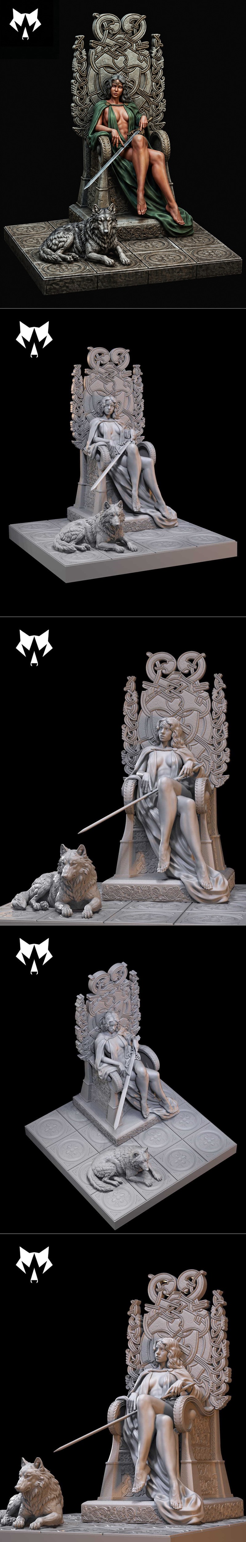 La Reina figure seated on a gothic throne with a sword, accompanied by a wolf. Bad Wolf Collectibles art studio.