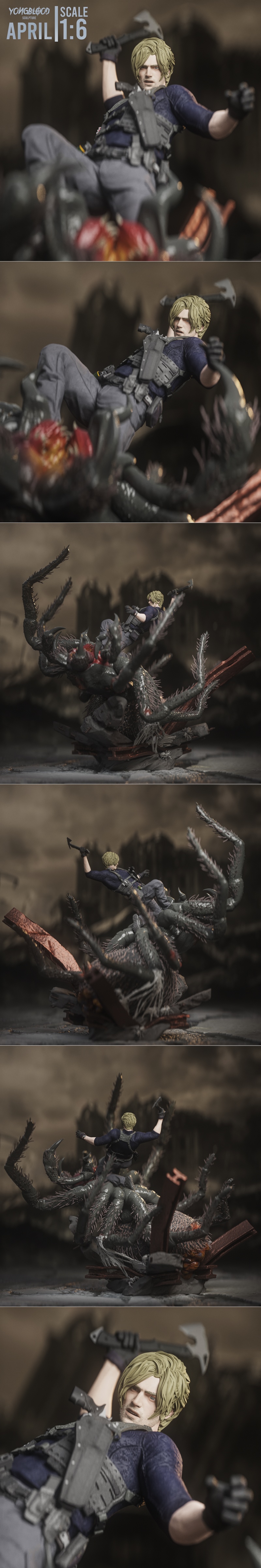 Leon S. Kennedy figure in tactical gear, mid-swing with an axe, perched atop a large, dark spider monster. 1:6 scale...