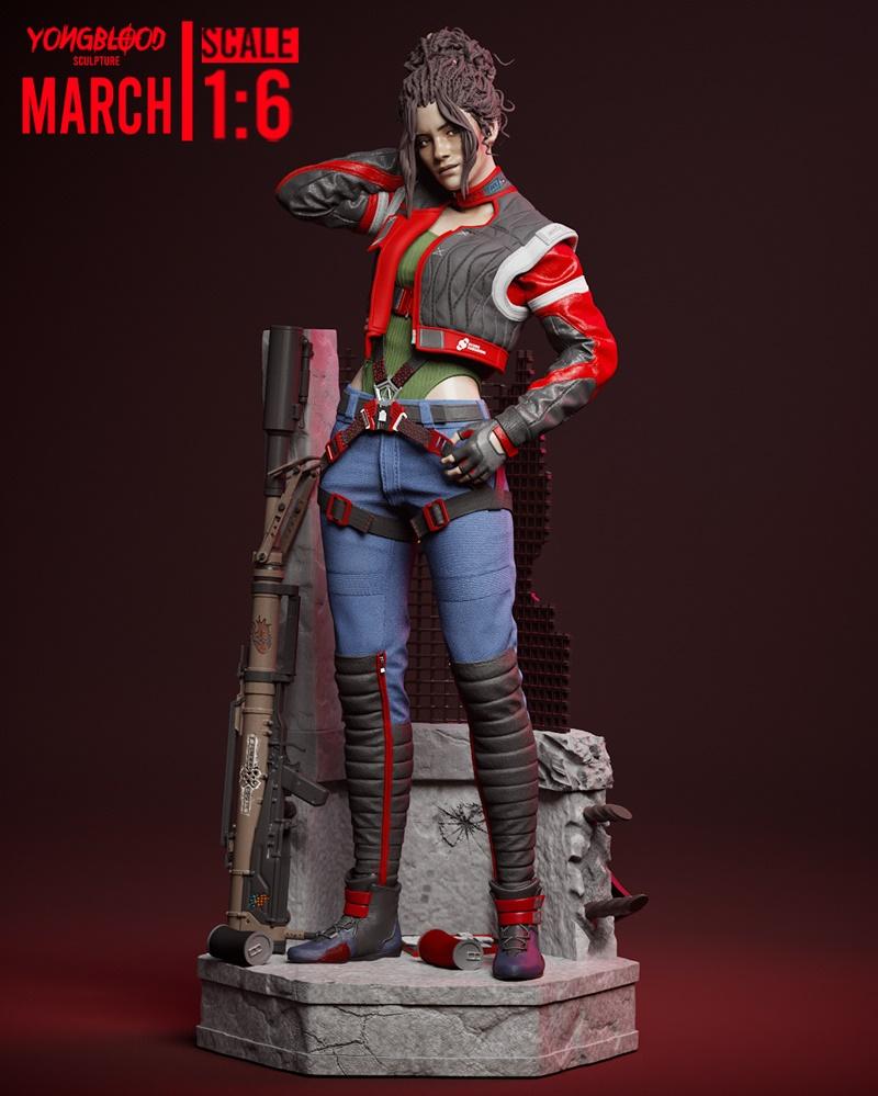 1:6 scale 3D model of Panam Palmer from Cyberpunk 2077 by Yongblood Sculpture. She wears a red and grey jacket, blue...