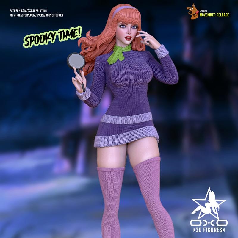 Daphne Blake 3D model by OXO3D, wearing a purple knitted dress and thigh-high socks, holding a magnifying glass. Anim...