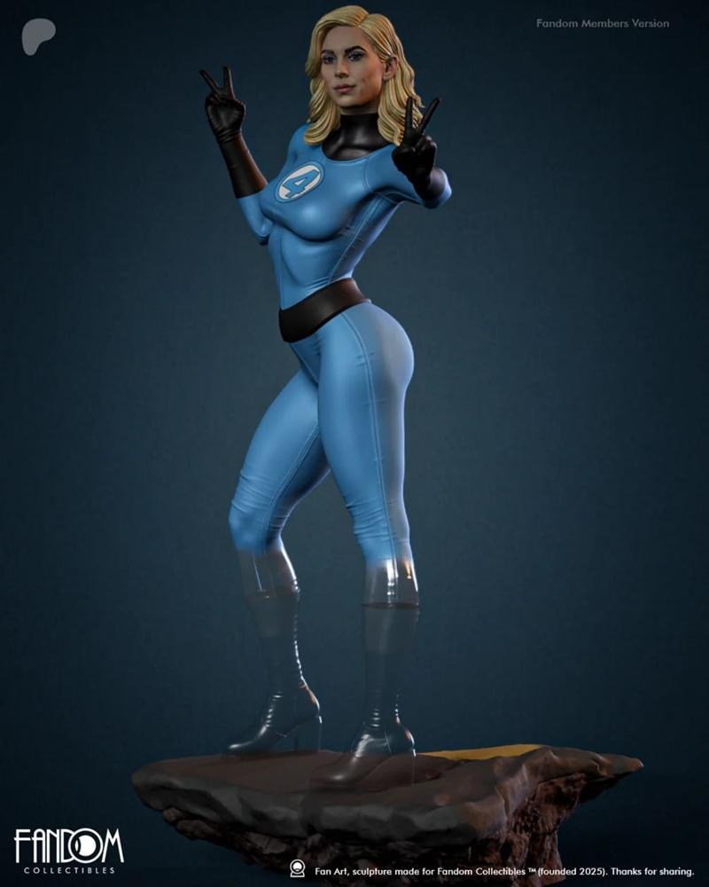 Sue Storm 3D model in blue Fantastic Four suit, holding up peace signs with both hands, standing on a rocky base. Fan...