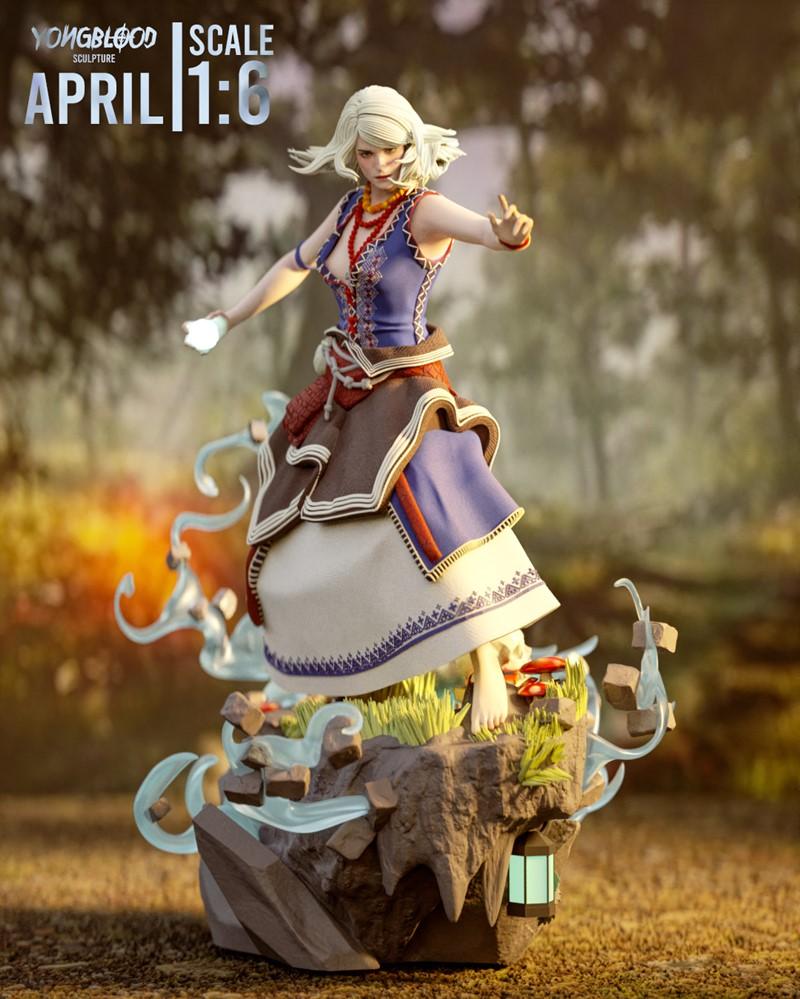 1:6 scale 3D print figure of Keira Metz from The Witcher, posed dynamically with a glowing orb, standing on a detaile...