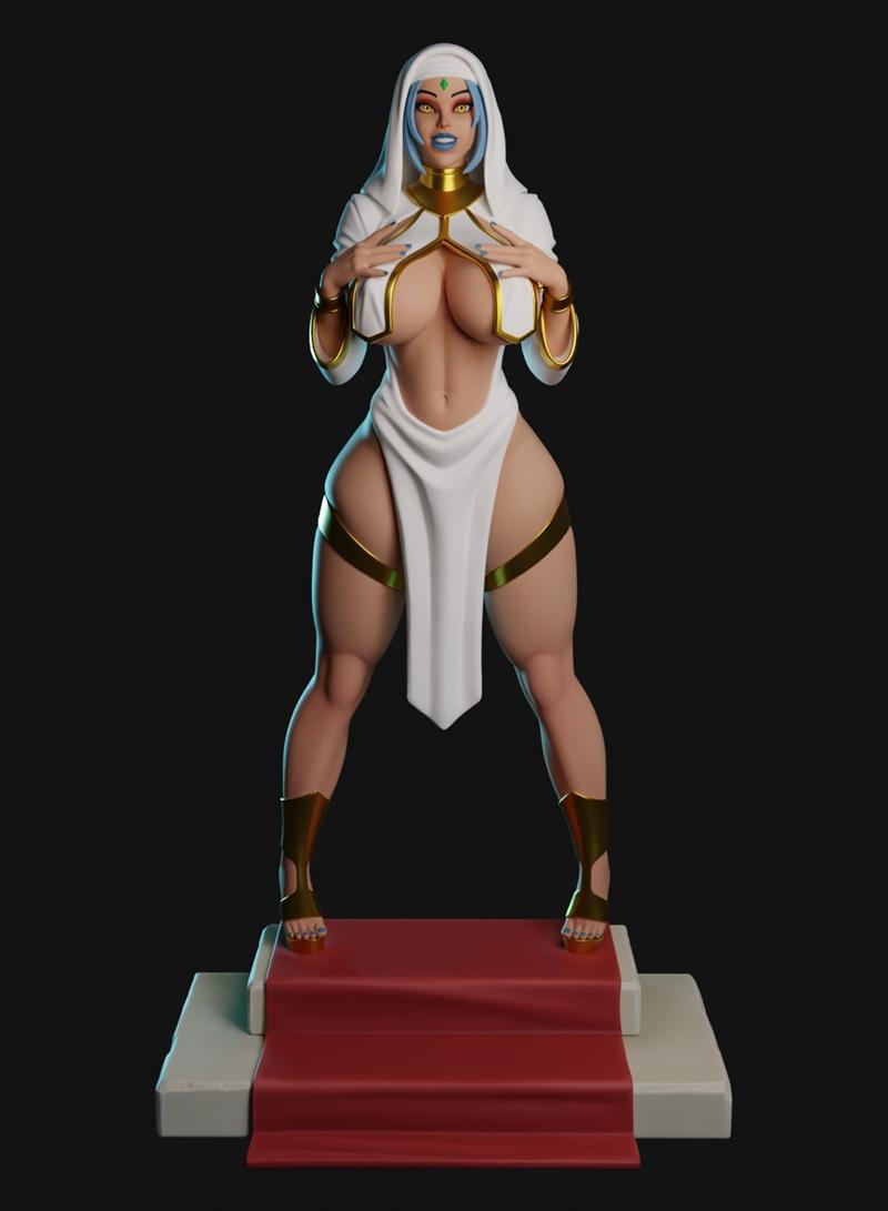 Laquadia 3D model figure by Texelion, wearing a white hooded robe with gold trim, revealing torso and legs, standing...