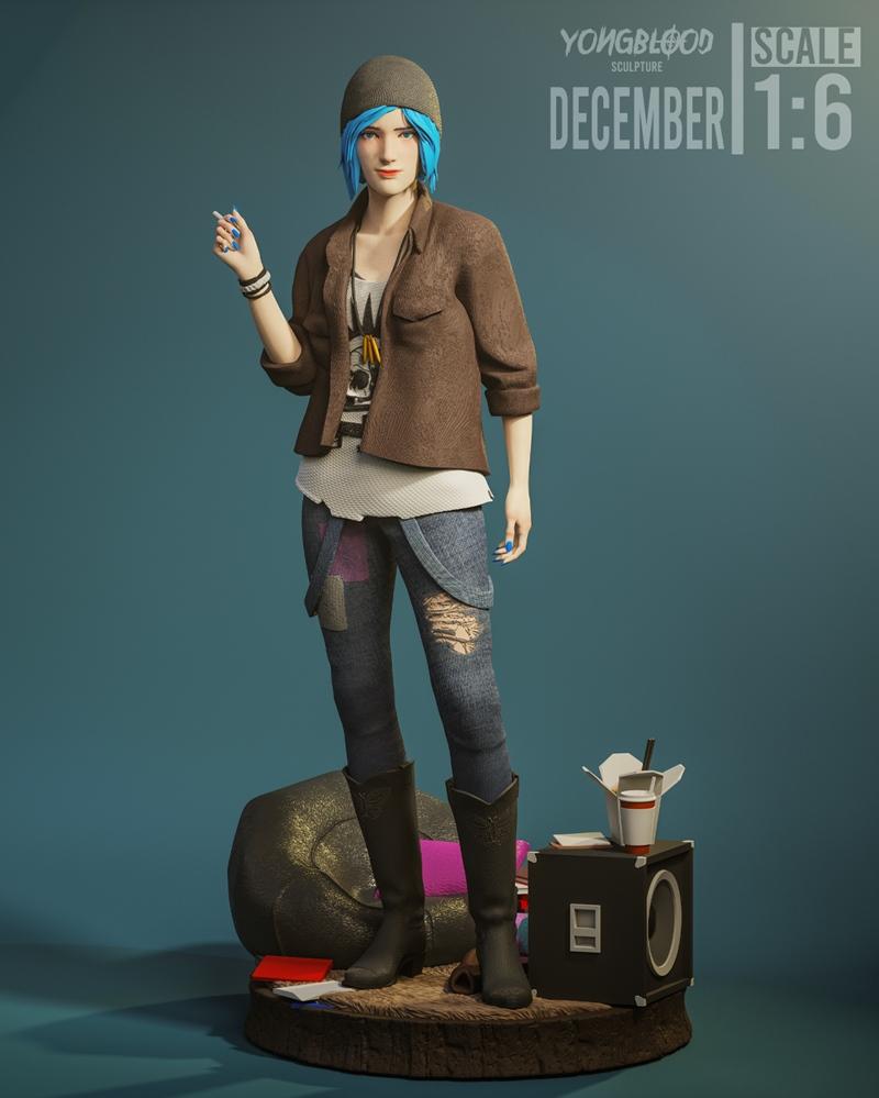 1:6 scale 3D model of Chloe Price from Life is Strange, wearing a blue beanie, brown jacket, and ripped jeans, holdin...
