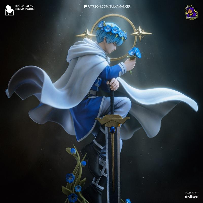 Himmel figure with blue flower wreath, holding blue flowers, wearing blue tunic and white cape, seated with large swo...