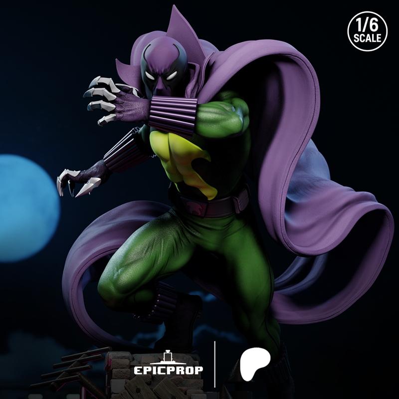 1:6 scale 3D model of Marvel's Prowler in a crouched, ready-to-strike pose, wearing a green suit, purple cowl, and ca...