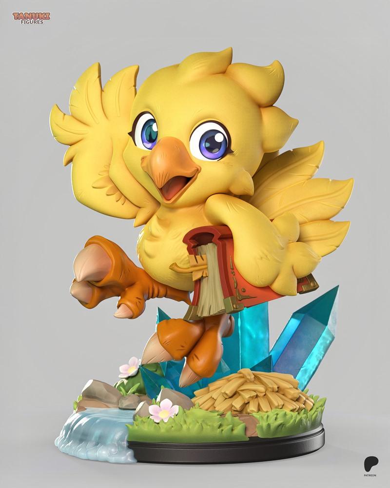 Chibi Chocobo figure by Tanuki Figures, standing on a base with blue crystals, water, flowers, and hay. The bird has...