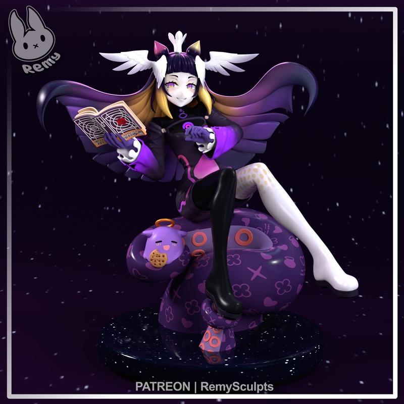 Ninomae Ina'nis figure by Remy Sculpts, sitting on a purple tentacled creature, reading a book, with large wings and...