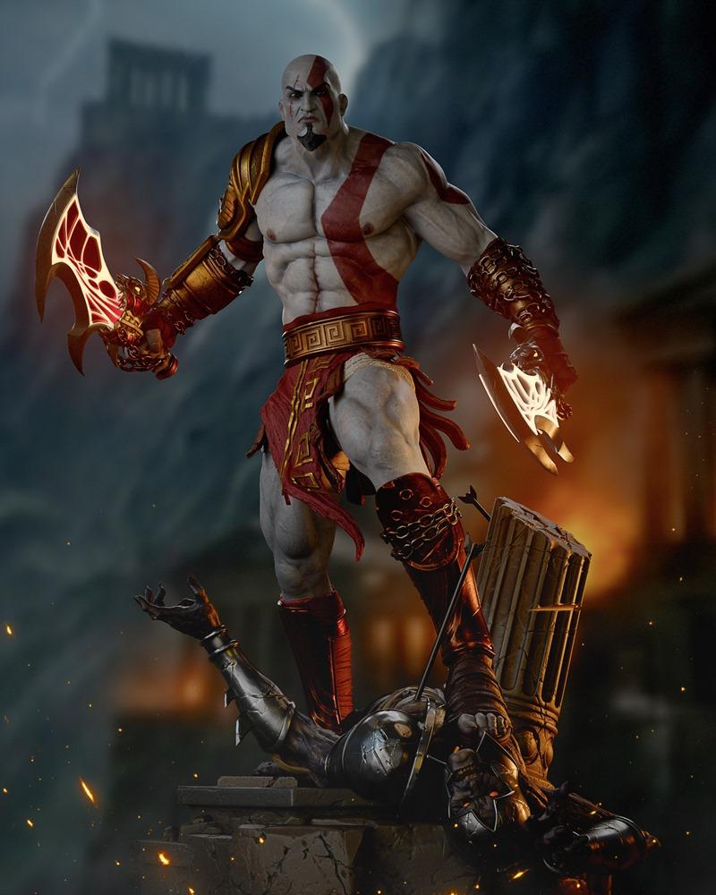 Kratos figure from God of War, standing over a defeated armored enemy, holding glowing Blades of Chaos. Muscular male...