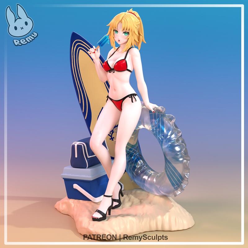 Remy Sculpts 3D model of Mordred in a red bikini, holding an ice pop, with a surfboard and inflatable ring on a beach...