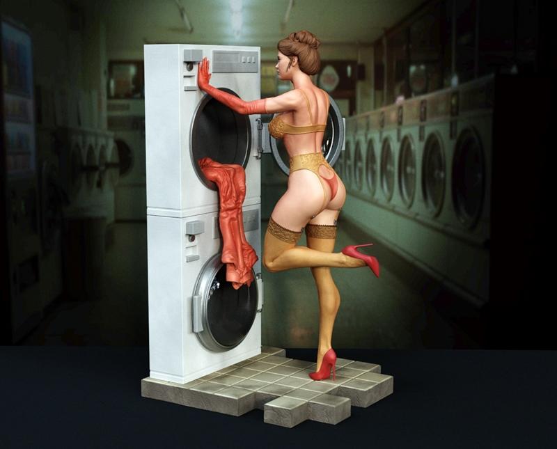 Woman in lingerie and red heels posing with a stacked washing machine, red boots inside the machine, laundry room bac...