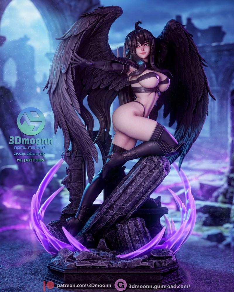 Raynare from High School DxD, a dark angel figure with large black wings, kneeling on ruined stone with purple energy...