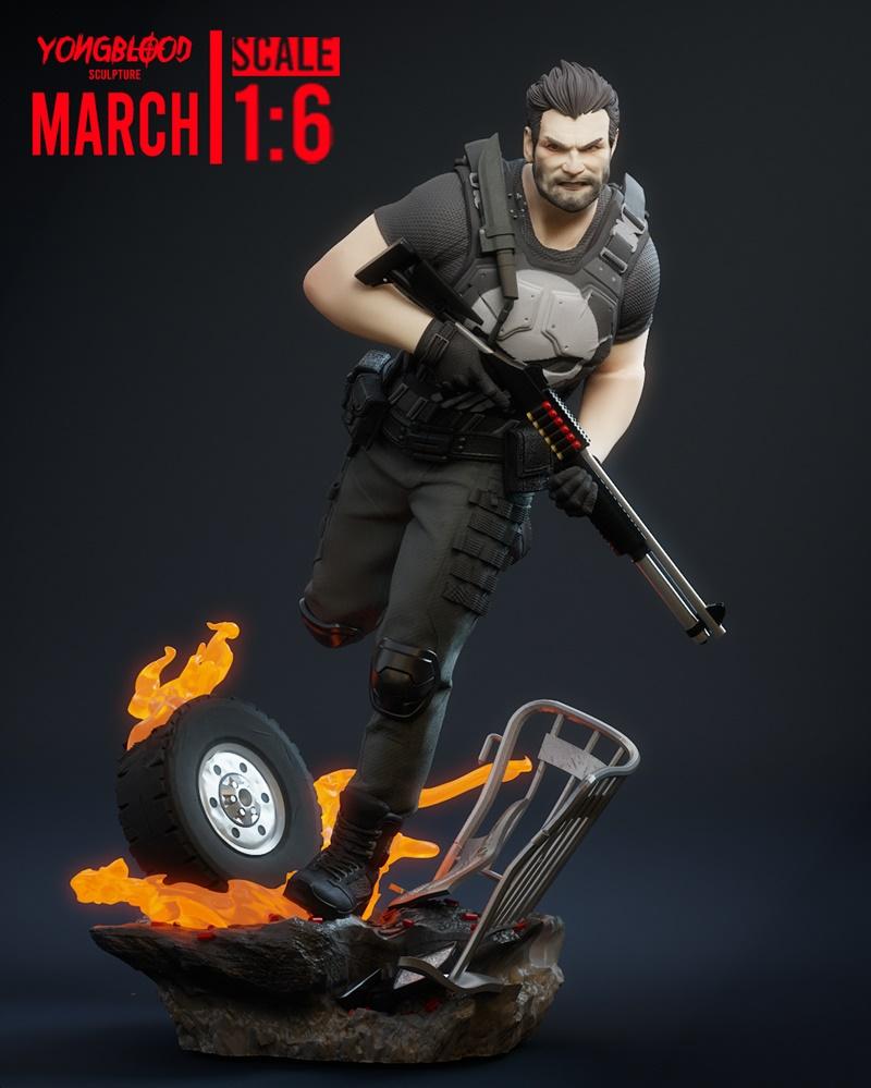 The Punisher 1:6 scale 3D model figure by Yongblood Sculpture, mid-leap with shotgun, standing on a fiery base with a...