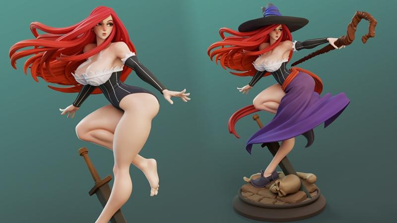 3D model of the Sorceress from Dragon's Crown by DiNamuuu3D, shown in two poses: one in a revealing outfit, the other...