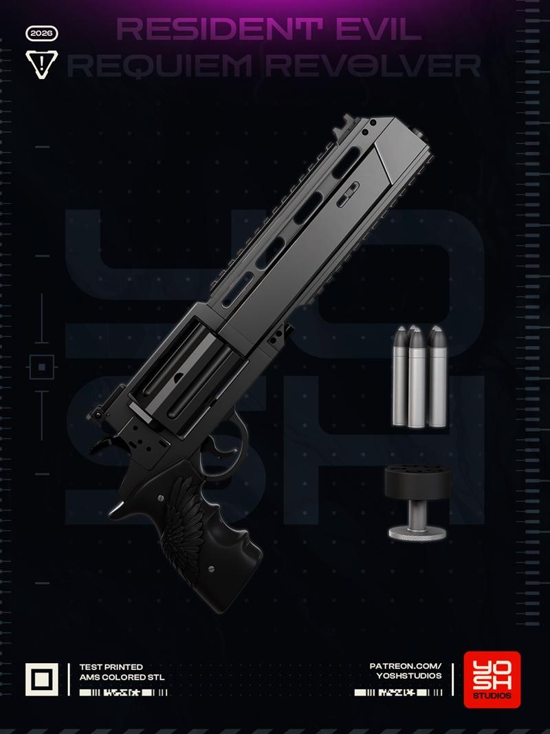Resident Evil Requiem Revolver 3D model prop with three bullets and a display stand, designed by Yoshstudios.
