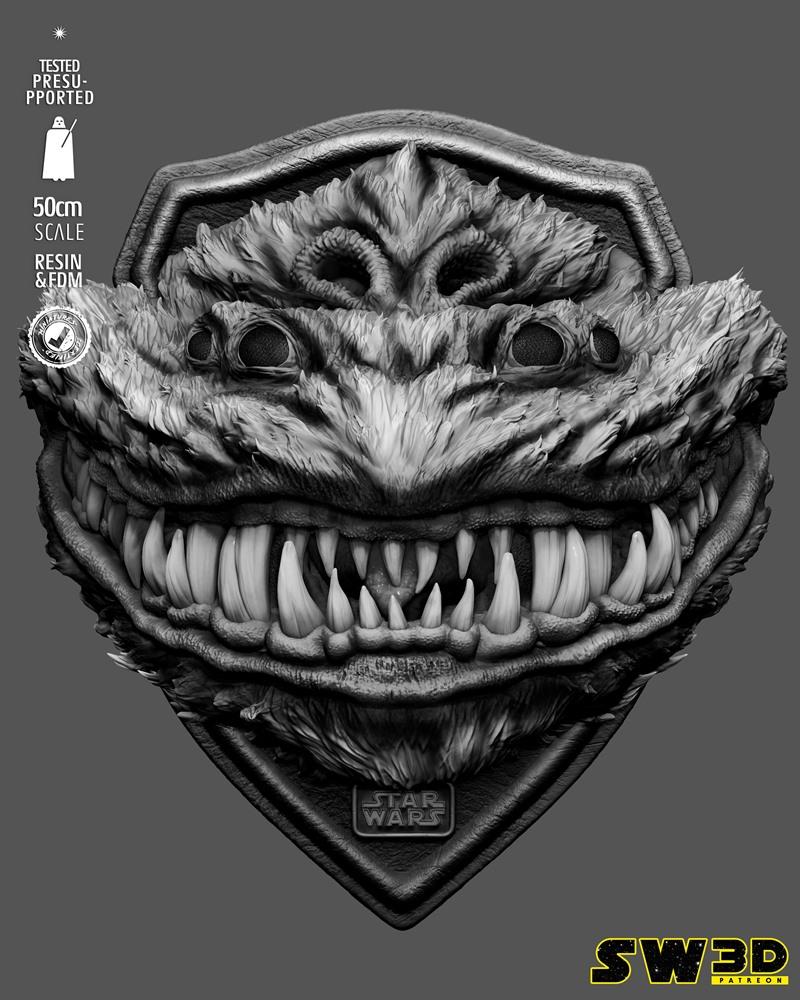 SW3D Nexu wall bust 3D model, featuring a monstrous creature with a wide, toothy grin and textured fur, mounted on a...
