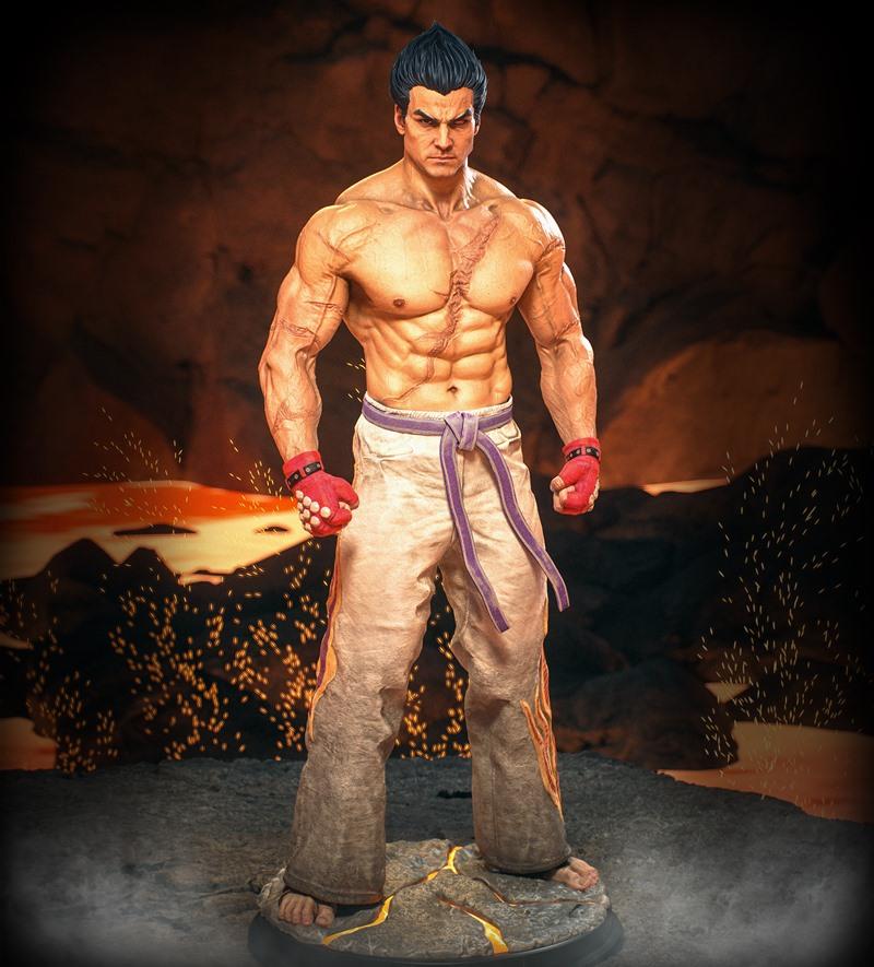 Muscular male figure of Kazuya from Tekken, standing in a fighting stance on a volcanic base. He wears white pants wi...