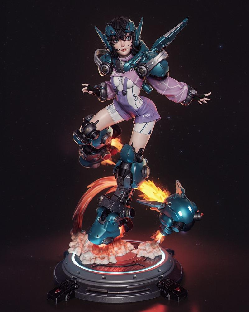 Female mechagirl figure by CA 3D Studios in a dynamic action pose, with teal and blue cybernetic armor, thrusters emi...